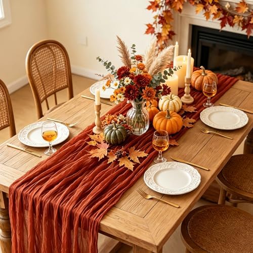3Pcs Fall Table Runner, 10FT Thanksgiving Cheesecloth Table Runner 35*120inch Terracotta Table Runners for Fall Wedding Baby Shower Friendsgiving Thanksgivig Home Kitchen Table Decorations