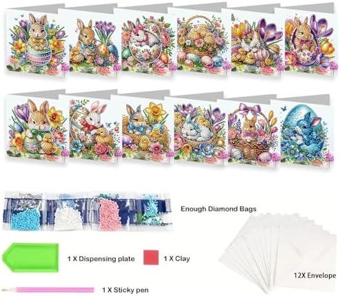 YOKUSHI 12 PCS Easter Diamond Art Painting Greeting Cards, Rabbit Craft DIY Card Making Kits for Adults Gifts (Easter)