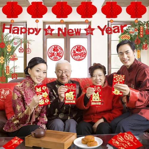 Chinese New Year Decorations 2026 Spring Festival Hanging Ornaments Paper Fans Red Lantern Happy New Year Banner Red Envelopes Chinese Fu Character Stickers for Lunar New Year Decorations