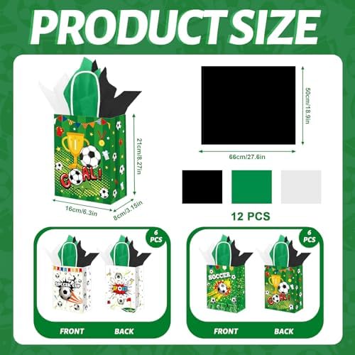 12 Pcs Soccer Goodie Bags with Handles, 2 Styles Soccer Snack Bags for Team, Soccer Snack Gift Bags for Birthday Game Day Sport Themed Party Supplies (8.3 × 6.3 × 3.1 in)