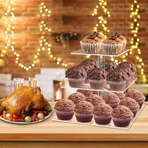 weddingwish 3 Tier Square Clear Acrylic Cupcake Stand, Clear Cupcake Display Stand Tower Tree, Tiered Cupcake Carrier Dessert Stands