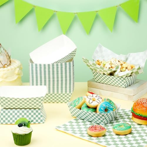 Geosar 100 Pcs Gingham Paper Food Tray with Wax Paper,Green White