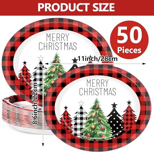 50Pcs Christmas Buffalo Plaid Tree Oval Plates 11 Inch Red and Black Checkered Party Supplies Merry Christmas Disposable Dinnerware Plates Xmas Serving Tray for Winter Holiday Party Decorations
