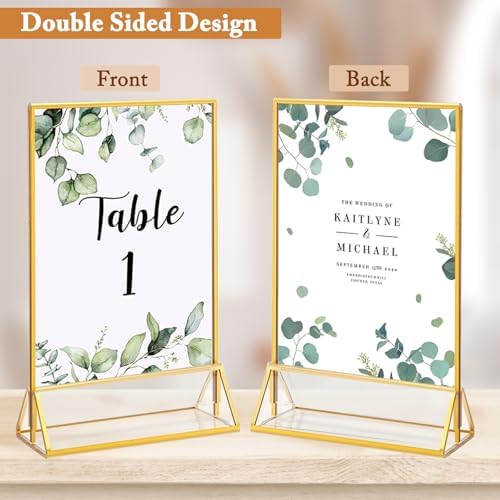 Floroom 12 Pack 5x7 Inch Clear Acrylic Sign Holders, Double-Sided Gold Display Stand Picture Frames for Table Numbers, Menus, Flyers, Weddings, and Offices