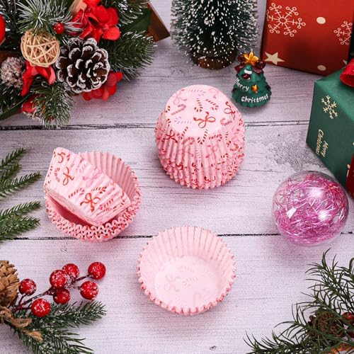 FYSUIMU 300Pcs Christmas Cupcake Liners Xmas Pink Bow Candy Paper Baking Cups Standard Muffin Cupcake Wrappers for Winter Holiday Birthday Wedding Party Supplies Table Decor