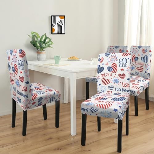 Independence Day Dining Room Chair Covers Set of 4,4th of July Fireworks Hearts Dining Chair Cover,Stretchy Removable Washable Dining Chair Cover,Suitable for 4th of July Kitchen Dining Room Decor