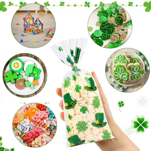 St. Patricks Cellophane Treat Bags – 50 Pack Green Shamrock Goodie Gift Bags with Twist Ties, 5×11 Inch Clear St. Patricks Candy Cookie Bags for St. Patrick Day Irish Party, Classroom, Holiday Favors