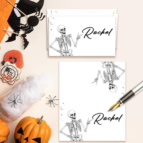 Halloween Place Cards for Table Setting, Skeleton Tent Cards Decor For Birthday Baby Shower Autumn Party Reception Decorations, Bridal Shower Place Card, 25 Pack Birthday Food Name Card 2 x 3.5" /035