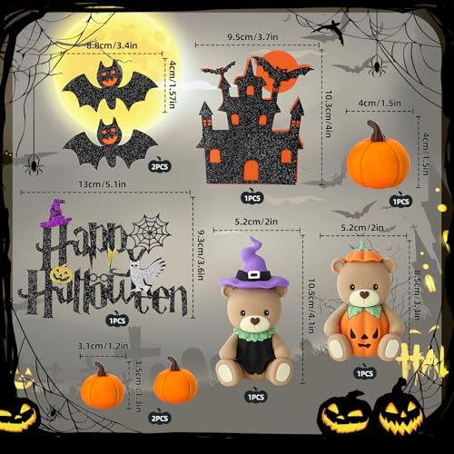 9 PCS Halloween Cake Topper Witch Bear Cake Topper Pumpkin Bat Cake Decorations with Happy Halloween Cake Decorations for Scary Party Supplies