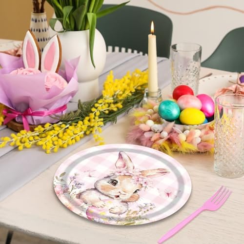 100 Pieces Easter Bunny Party Tableware Set – Pink Plaid Floral Rabbit Plates, Napkins and Forks, Spring Disposable Dinnerware for Easter Party, Birthday and Baby Shower Supplies