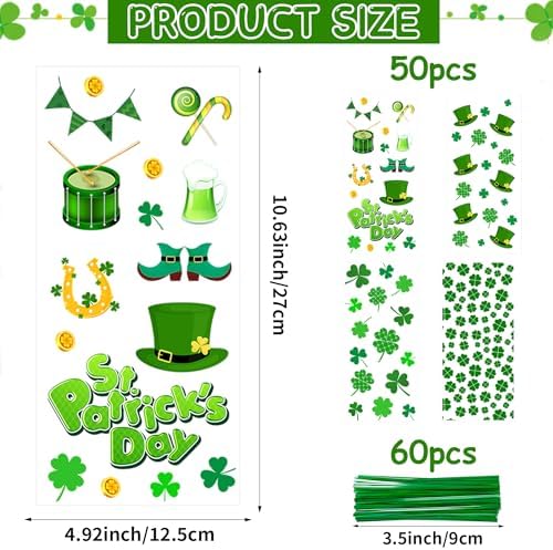 St. Patricks Cellophane Treat Bags – 50 Pack Green Shamrock Goodie Gift Bags with Twist Ties, 5×11 Inch Clear St. Patricks Candy Cookie Bags for St. Patrick Day Irish Party, Classroom, Holiday Favors