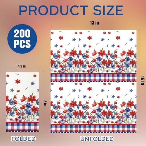 4th of July Disposable Paper Napkins, 200 Pcs Patriotic Napkins for Bathroom, 250th Anniversary Red White Blue Floral Buffalo Plaid Napkins for Independence Day Memorial Day Party Supplies