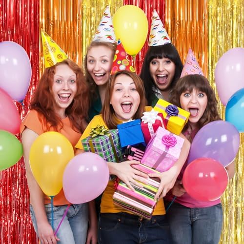 Rainbow Party Backdrop Decorations, Foil Fringe Curtains 2Pack 3.3x8.3 Ft