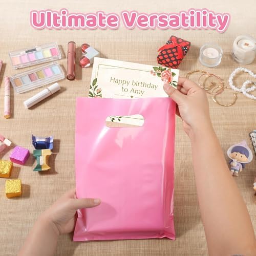 VieFantaisie 50 PCS Pink Party Favor Bags, 8" x 11" Goodie Bags for Candy Treat Craft Easter Egg, Plastic Gift Bag with Die Cut Handles for Birthday Party, School Events & Small Business, Wedding