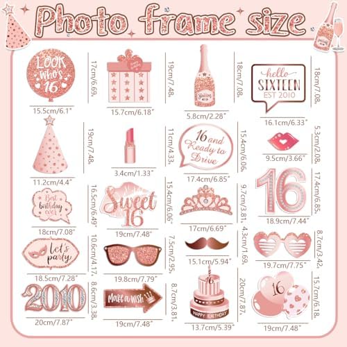 Sweet 16 Party Decorations for Girls, Sweet 16 Photo Booth Props Pink Rose Gold 16th Birthday Selfie Props with Photo Frame Kit Sweet Sixteen Happy Birthday Party Decorations Supplies Favors
