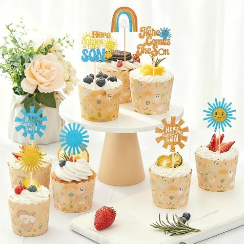 Here Comes the Son Cupcake Toppers, 24 PCS Here Comes the Son Baby Shower Decorations, Glitter Sun Themed Cupcake Party Decorations, Cupcakes Picks Food Picks for Baby Shower Party, Birthday, Wedding