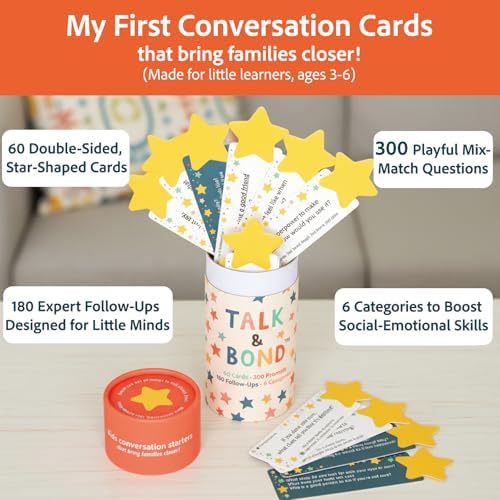 TALK & BOND Family Conversation Starter for Kids Ages 3–6 | 300 Questions + 180 Follow-Ups | Screen-Free Social Emotional Learning (SEL) Game for Family Dinner, Bedtime & Travel