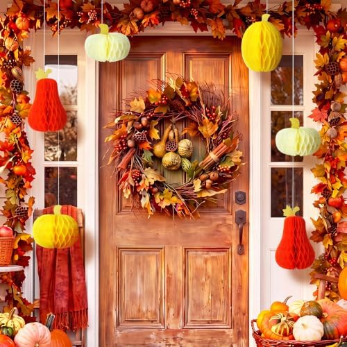 Fourluoo 6 Pcs Fall Table Centerpiece Pumpkin Decorations 3D Paper Pumpkin Honeycomb Standing for Autumn Harvest Party Kitchen Tabletop Home Decor