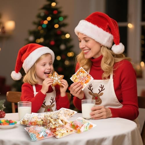 FOIMAS 300pcs Christmas Cellophane Treat Bags, Self Adhesive Snowflake Candy Cookie Bag Small Plastic Goodie Bags with Snowflake Bags for Xmas Party Favor Supply