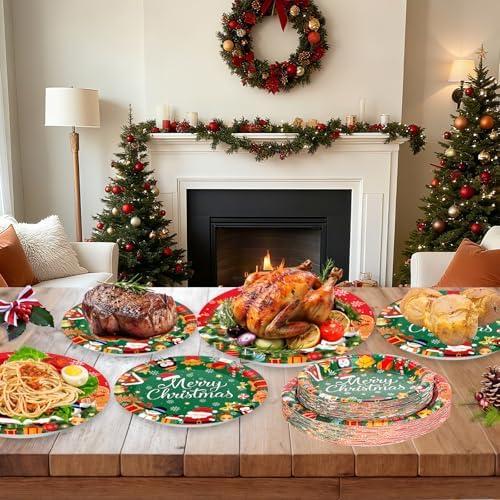 24 Pcs Merry Christmas Paper Plates - Cute Round Christmas Plates, Santa Claus Snowmen Dinner Dessert Plate Disposable Dinnerware Set for Winter Holiday Xmas Party Table Decorations Supplies Favors