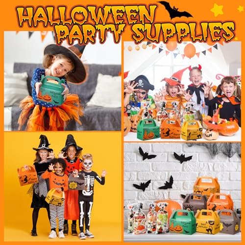 ReliThick 80 Pack Halloween Treat Box with Cellophane Bags Trick or Treat Goodie Cookie Candy Boxes for Treats Pumpkin Halloween Bag for Party