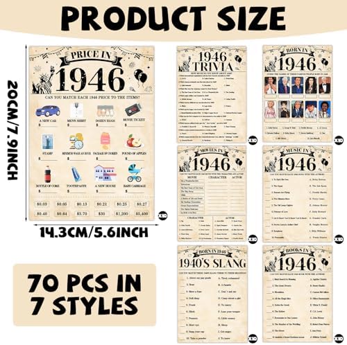 70Pcs 80th Birthday Party Games Born In 1946 Fun 1946 Trivia Music Slang Books Game Double-Sided Game Cards Vintage 80th Birthday Party Supplies for 80 Year Old Activity Anniversary Class Reunion