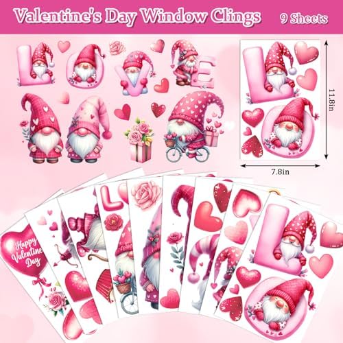 Whaline 9 Sheets Valentine' s Day Window Clings Cute Pink Love Gnome Heart Window Decal Reusable Anti-Collision Windows Decor for Wedding Anniversary Home Party Supplies