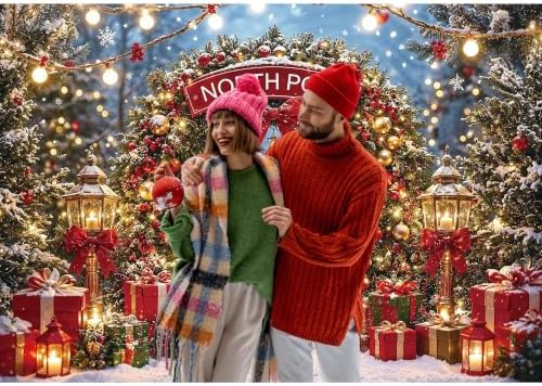 Christmas North Pole Photography Backdrop,Winter Aurora Borealis Snowy Forest Scene Background with Street Lamps,Xmas Party Decor Photo Booth Props(12x8ft)
