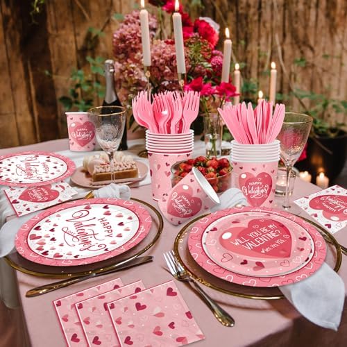 Valentines Day Plates and Napkins Sets,144pcs Valentines Party Decor Tableware Include Plates Napkins Cups Forks Knives for Valentine Party Supplies,Serves 24