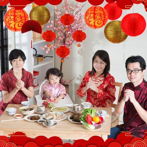 Fullhawl 21 Pcs Chinese New Year 2026 Decor Golden Fu Lantern 12 Inch Lucky Golden Fu Lantern Hanging Ornaments 10 Inch Chinese Red Paper Lanterns Folding Fans with Tassel for Home(Gold)