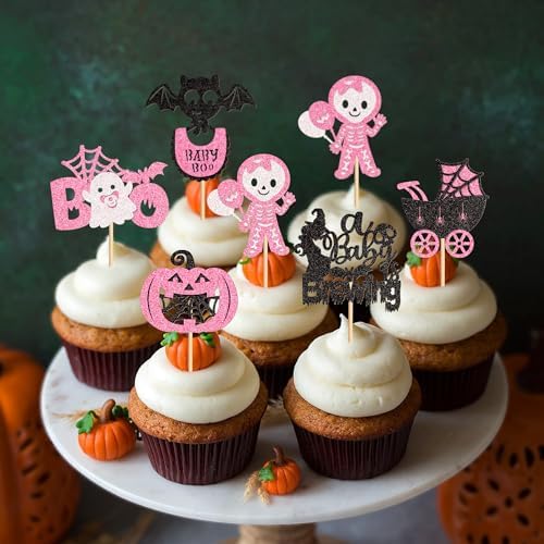 Ercadio 30Pcs Pink Halloween Baby Shower Cupcake Toppers A Baby Is Brewing Cupcake Picks for Boo Theme Gender Reveal Girls Halloween Birthday Cupcake Cake Decors Supplies