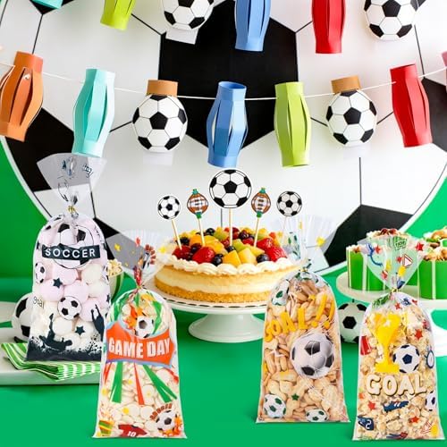 QOIUSO 100PCS Soccer Cellophane Treat Bags - Clear Plastic Goodie Bags with 110 Gold Twist Ties - Soccer Party Favor Bags for Snacks, Game Day, Sports Events, Birthday & School Activities