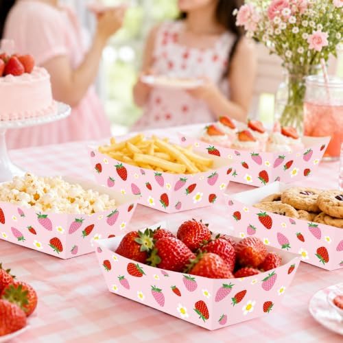 100 Pcs Strawberry Paper Food Trays, Pre-Folded Disposable Food Boats for Cookies, Cupcakes, Popcorn, Candy, Snacks, Strawberry Birthday, Baby Shower, Bridal Shower Party Supplies