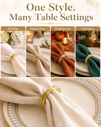 Gold Triple Ring Napkin Rings Set of 12 for Weddings and Table Settings