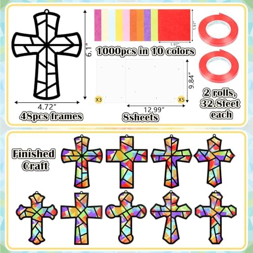 Renbuzhu 48PCS Sunday School VBS Crafts Bulk: Paper Cross Nativity Suncatchers, Jesus Religious Christian Activity DIY Kits Church Decorations, Window Stained Glass Effect Art Supplies