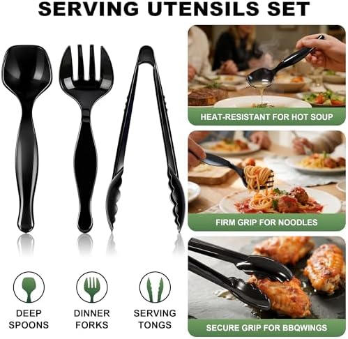 36-Piece Disposable Plastic Serving Utensils Set, Black, 9 Inch