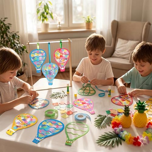 Renbuzhu 48PCS Back to School Crafts: Paper Hot Air Balloon Suncatchers DIY Kits, Summer Window Stained Glass Effect Art Supplies