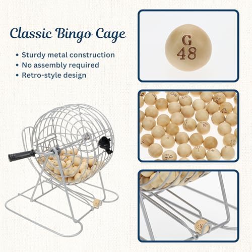 WE Games Retro Bingo Game Set with Metal Rotary Cage, Deluxe Wooden Master Board, Wood Balls, Party Games for Families, Fairs, and Churches
