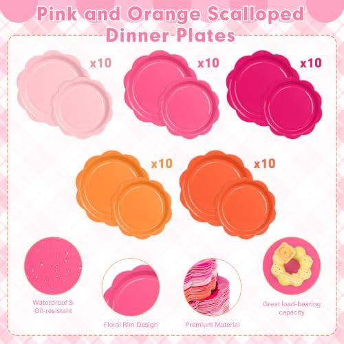 350 Pcs Pink and Orange Party Plates and Napkins - Hot Pink Orange Party Decoration Tableware set Include Sunset Tropical Scalloped Plate Napkin Cup & Cutlery for Baby Shower, Wedding, Birthday