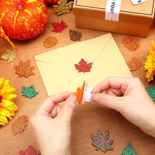 JULBEAR 300Pcs Fall Leaf Foam Stickers, Glitter Maple Leaves Decals