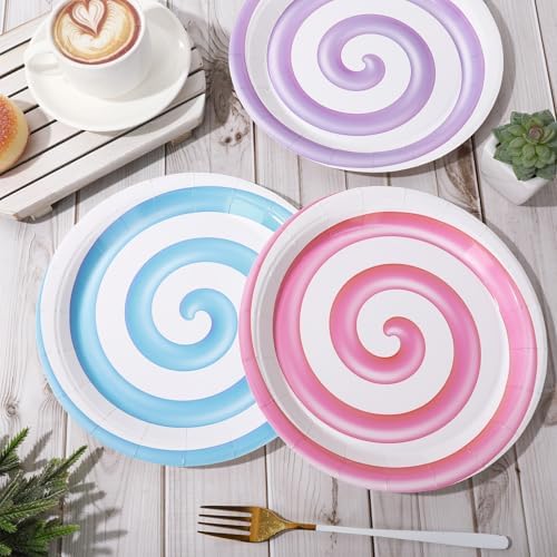 Whaline Candyland Party Paper Plates 9 Inch Pastel Disposable Salad Dessert Plates 6 Colors Lollipop Tableware for Sweet Shop Themed Birthday Baby Shower Supplies, 24 Pcs