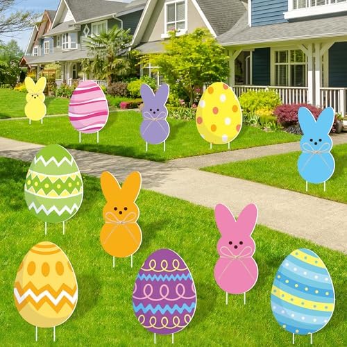 12 Pcs Easter Yard Signs Outdoor Bunny Eggs Lawn Sign with Stakes Waterproof Easter Peeps Rabbit Yard Stake Decorations for Spring Holiday Outdoor Home Garden Lawn Patio Party Props Decoration