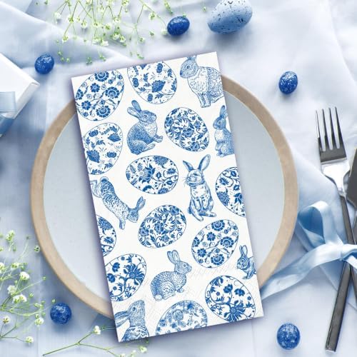 Whaline 40 Pcs Easter Guest Napkins Paper Napkins Blue White Chinoiserie Bunny Rabbit Egg Floral Disposable Bathroom Hand Towels for Spring Bridal Baby Shower Party Dinner Table Supplies