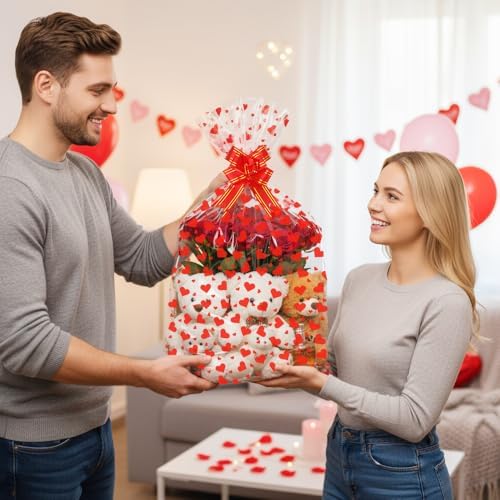 10 Sets Large Valentines Cellophane Bags(20x28 Inch) with Pull Bows Red Heart Gift Goodie Basket Stocking Stuffers Wrap Valentine Day Galentines Party Decorations Favors Supplies Holiday Baggies