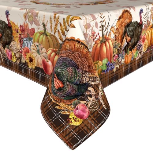 Thanksgiving Tablecloth Square 60x60 Inch, Stain Resistant Machine Washable Fabric Polyester Turkey Harvest Table Cloth Square Thanksgiving Tablecloth Table Cover for Kitchen Dining Party