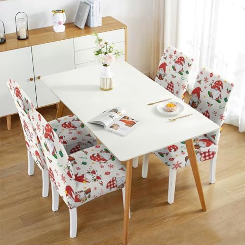 Christmas Chair Covers Set of 4, Winter Gnome Snowflake Holly Chair Protectors, Elastic Removable Washable Dining Chair Covers for Winter Christmas Kitchen Dining Room Holiday Decor