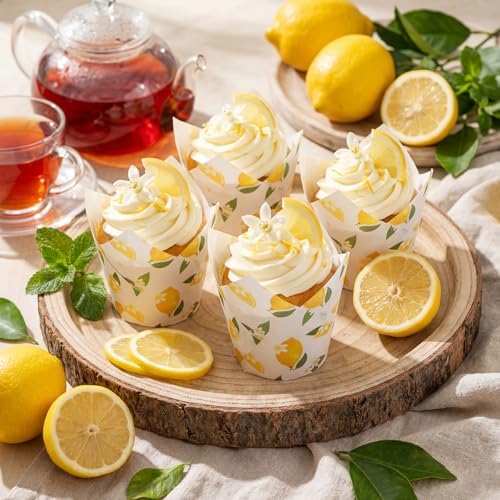 Maxdot 200 Pcs Lemon Flower Tulip Cupcake Liners for Baking Yellow Fruit Paper Muffin Baking Cups Fruit Theme Tulip Muffin Liners Wrappers for Summer Baby Shower Wedding Birthday Spring Party