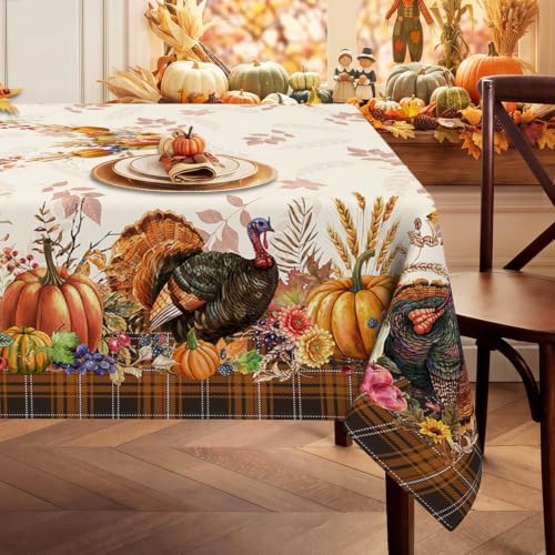 Thanksgiving Tablecloth Square 60x60 Inch, Stain Resistant Machine Washable Fabric Polyester Turkey Harvest Table Cloth Square Thanksgiving Tablecloth Table Cover for Kitchen Dining Party