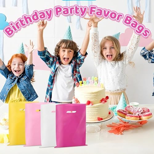 VieFantaisie 50 PCS Hot Pink Party Favor Bags, 8" x 11" Goodie Bags for Candy Treat Craft Easter Egg, Plastic Gift Bag with Die Cut Handles for Birthday Party, School Events & Small Business, Wedding