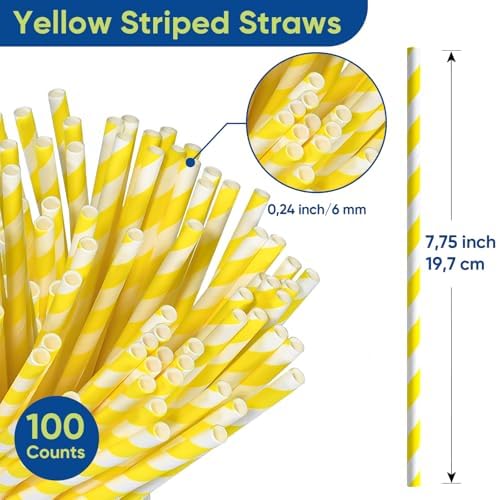 7.75" Yellow White Striped Paper Drinking Straws, Lemonade Straws 100 ct